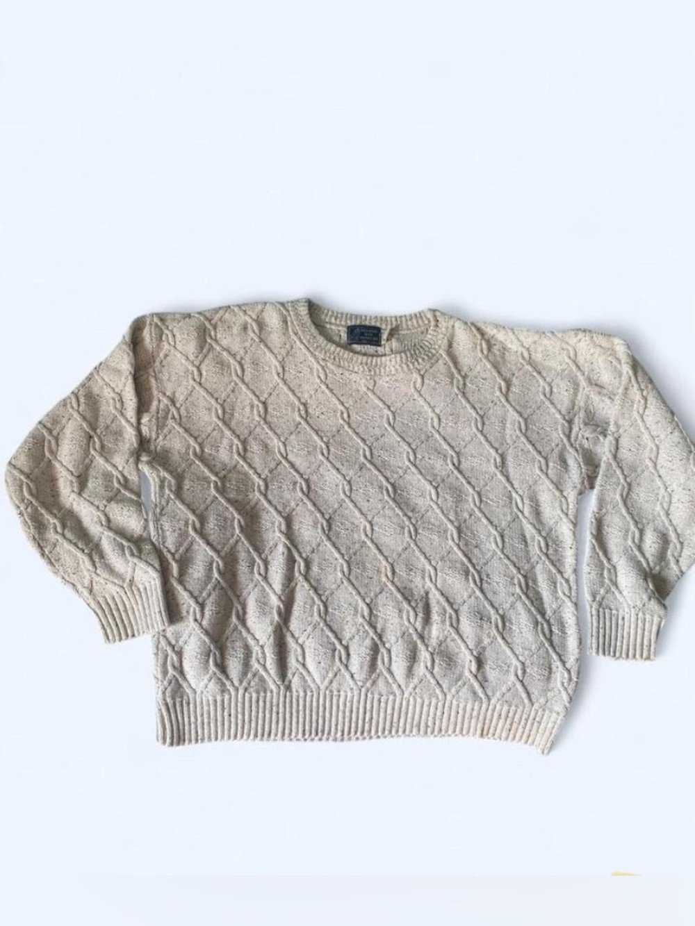 Vintage USA Made Peconic Bay Traders Cable Knit Sweater L 100% Cotton Tweed